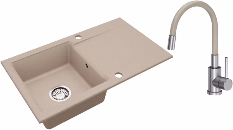 VBChome Lavello in granito 76 x 44 cm Beige con rubinetto flessibile Lavello da incasso a vasca singola Reversibile Speckled Lavello di facile manutenzione con sifone