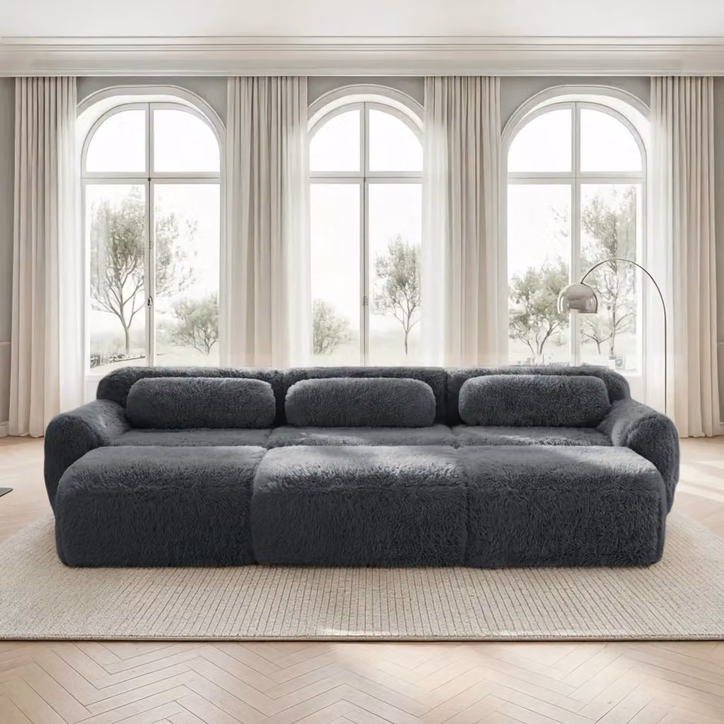 Divano panoramico modulare MIVRAY grigio in tessuto con 3 ottomane coordinati, configurabile a U o L per il tuo soggiorno – 2
