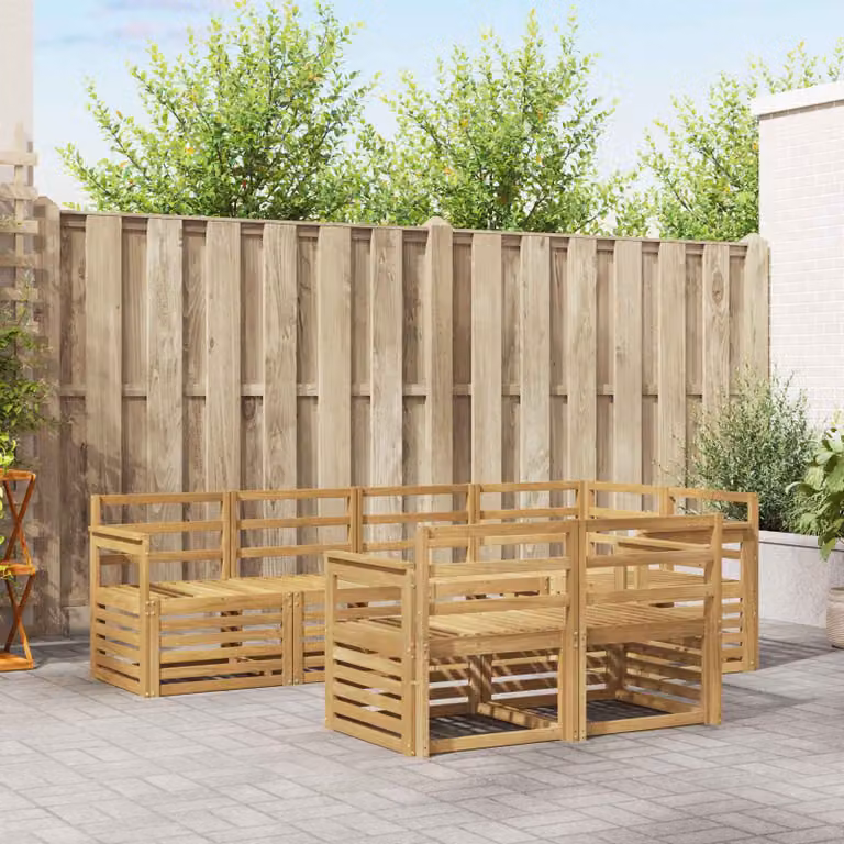 Set di divani da esterno vidaXL in legno di acacia massello 7 pezzi, composizione a L con cuscini bianchi e marroni per giardino e terrazza