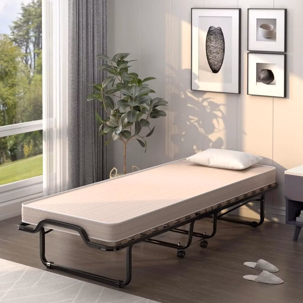 Letto brandina pieghevole Costway con materasso in memory foam e 4 ruote girevoli, Beige, L: 200 cm, P: 80 cm, H: 40 cm – 2