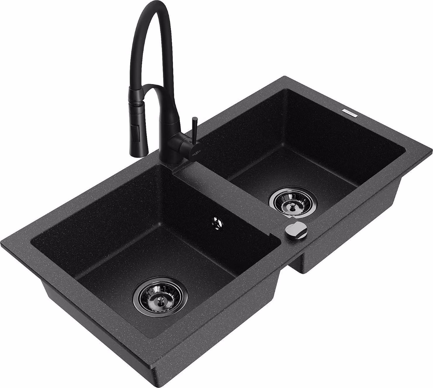 Mexen Mario lavello cucina in granito a 2 vasche con rubinetto Aster, nero/metallo argento - 6504-73-73450-70-B