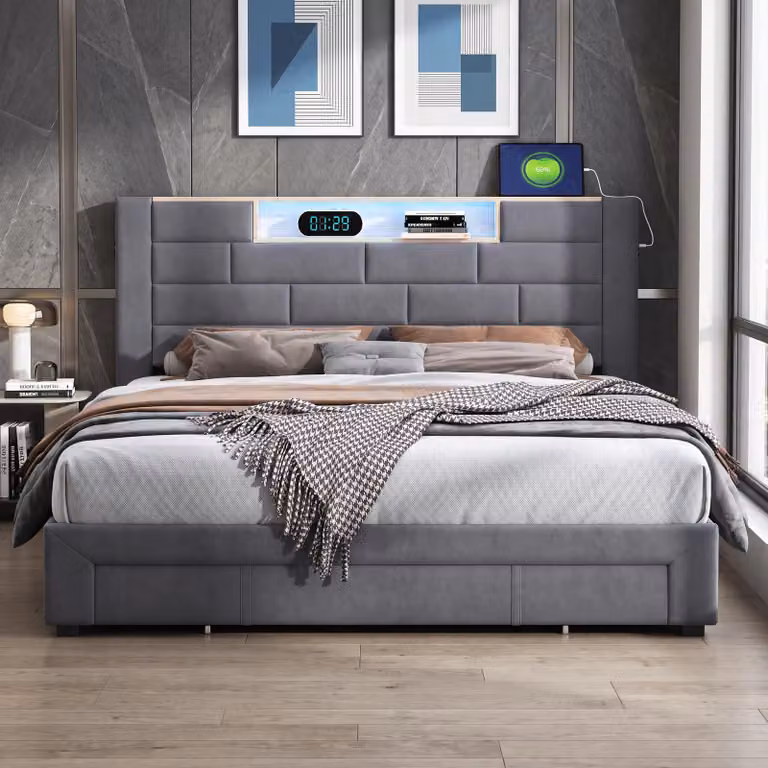 Letto imbottito INONEFT 140x200 cm con funzione di ricarica (USB e Tipo-C), letto per ragazzi/matrimoniale con 3 cassetti, letto contenitore con LED e rete a doghe, in velluto, colore grigio