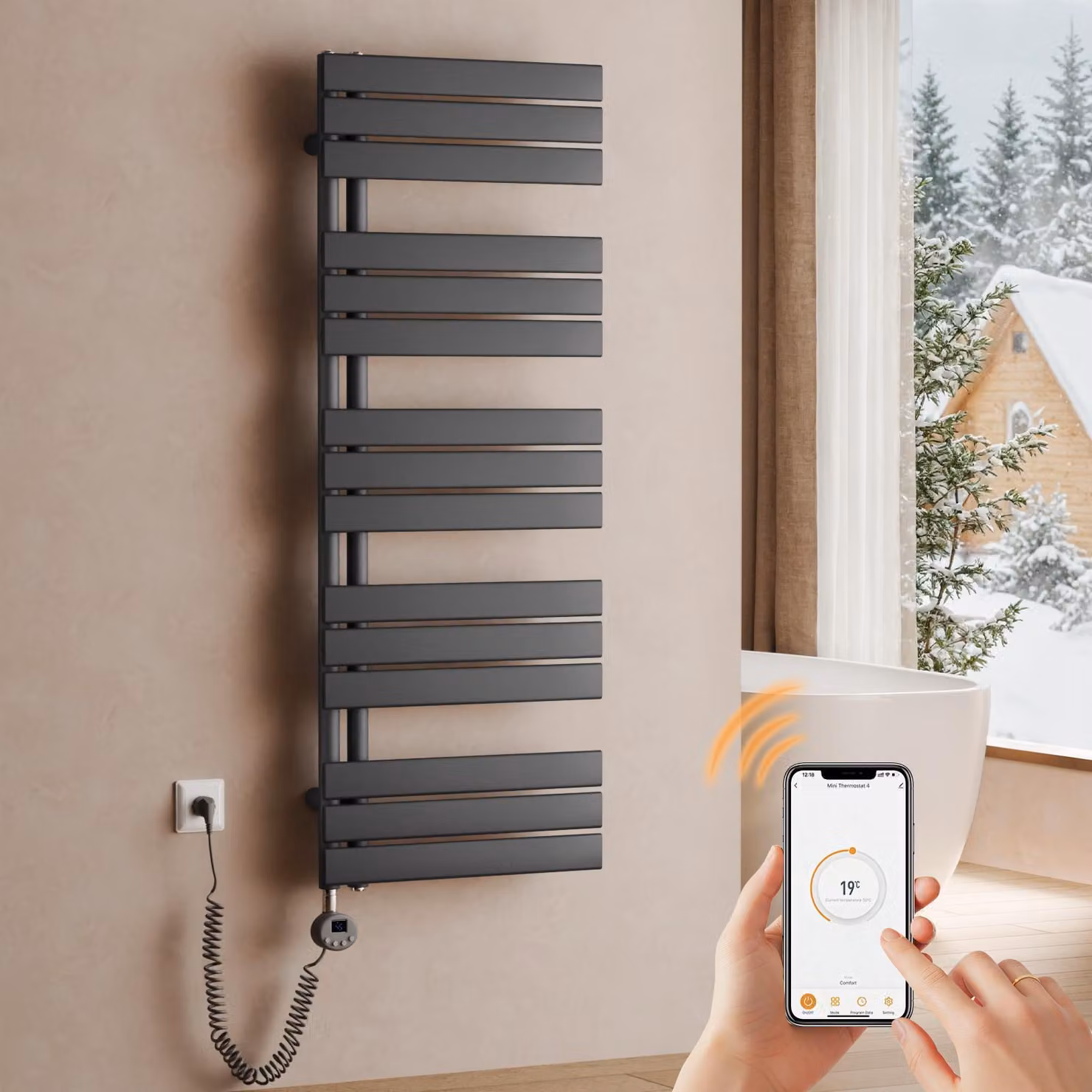 Riscaldatore elettrico da bagno a forma di asciugamano, dimensioni 1320 x 500 mm, 800 W, colore antracite, dotato di termostato, Wi-Fi, timer e display LCD – S'AFIELINA