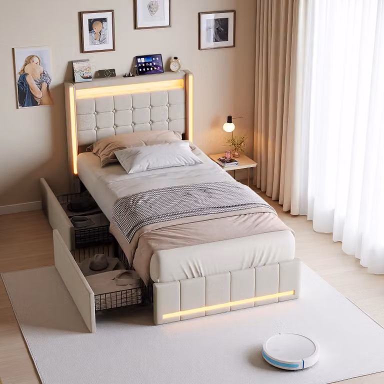 Letto imbottito INONEFT 90x200 con spazio contenitore, letto per ragazzi con LED e porte USB/Tipo C, letto singolo con 2 cassetti, letto contenitore con rete a doghe, tessuto in lino, color beige