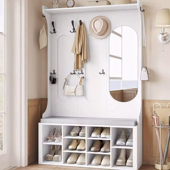 Piccolo portico con panca e specchio in legno bianco, 100x35,5x185 cm