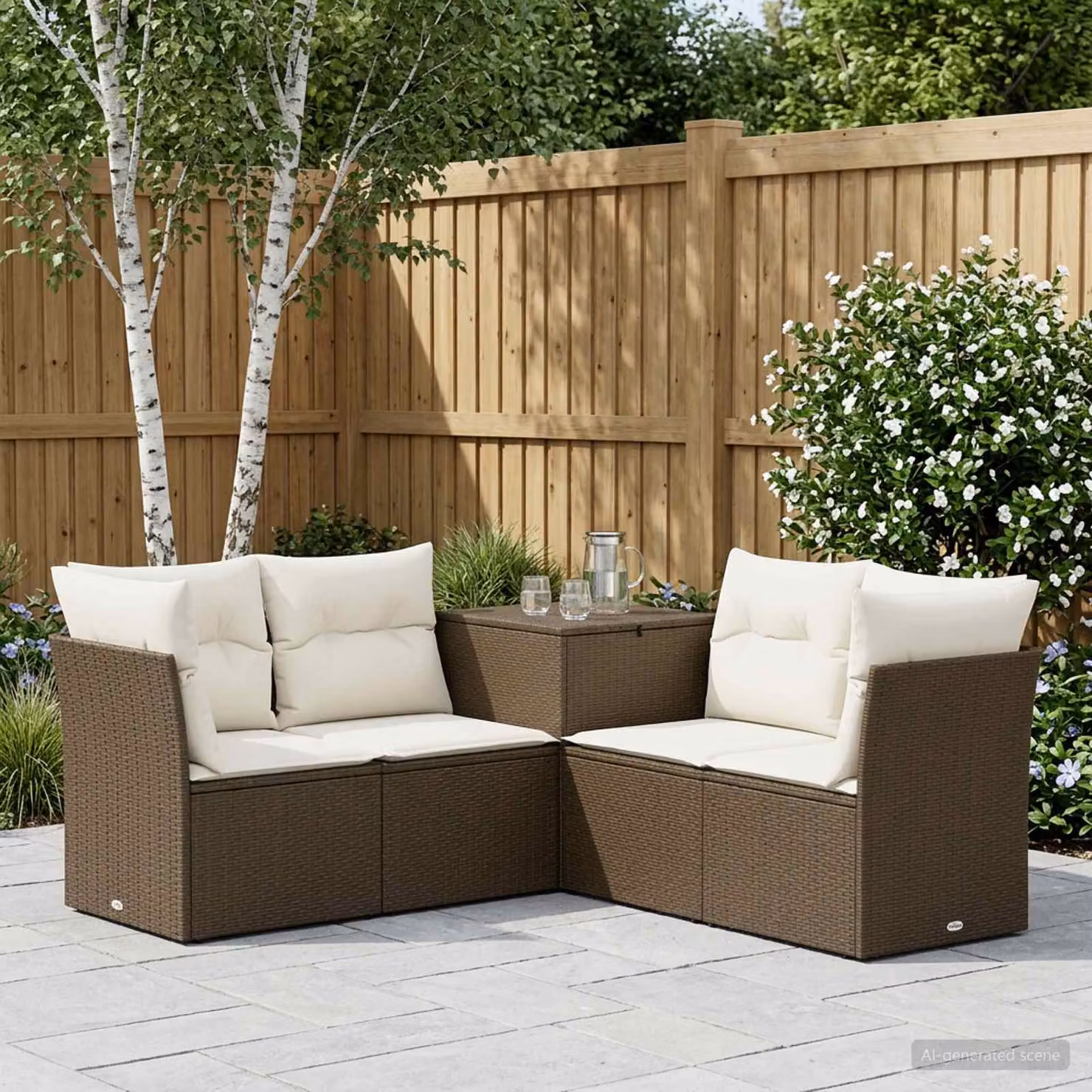 Set di divani da giardino a L vidaXL in polyrattan marrone e bianco crema con cuscini inclusi