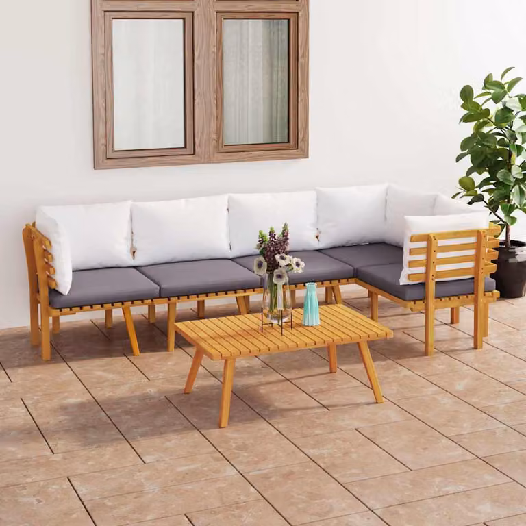 Set Divani da Giardino vidaXL 6 Pezzi in Legno di Acacia con Cuscini, Composizione a L con Tavolino, Colore Marrone