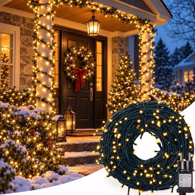 Catena luminosa da 20 metri con 200 LED, luce bianca calda, 8 modalità, timer, grado di protezione IP44, ideale per decorazioni natalizie, feste, giardini, interni ed esterni, adatta per Natale, Halloween e altre occasioni