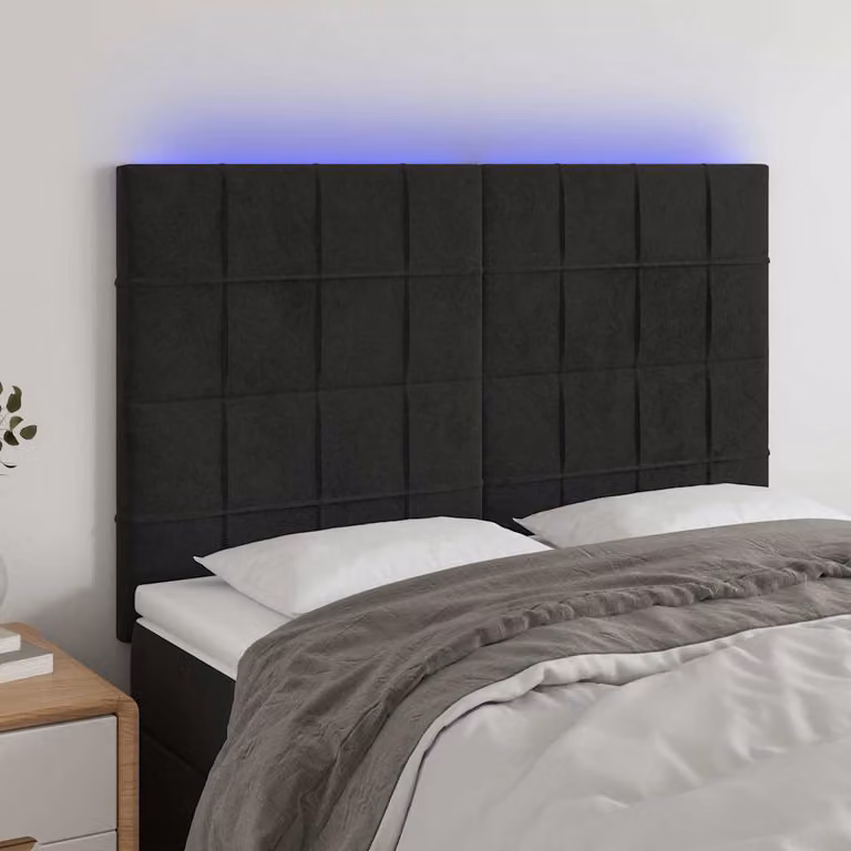 Testiera per letto vidaXL in velluto nero con illuminazione LED e porta di ricarica USB, L: 144 cm, P: 5 cm, H: 118/128 cm