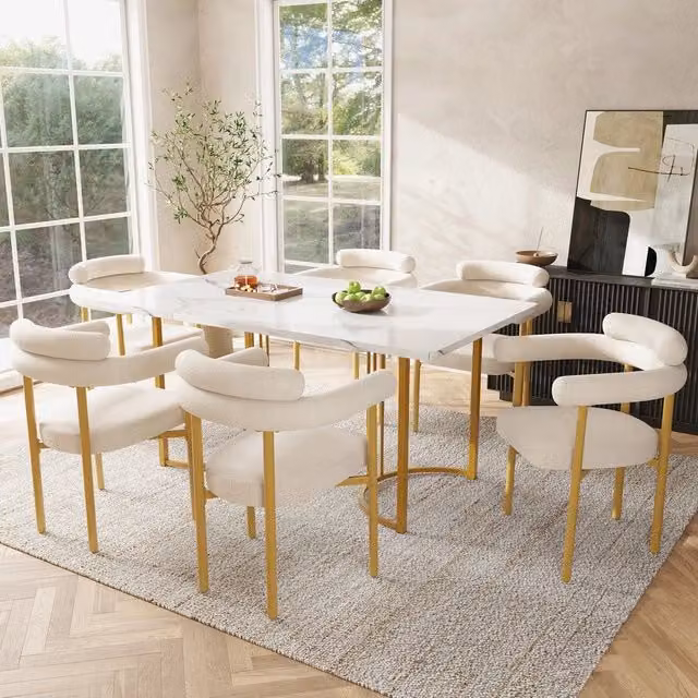Set tavolo da pranzo e sedie ¨C Minimal ¨C 7 pezzi, gambe in metallo, 6 sedie velluto beige, effetto pelle scamosciata