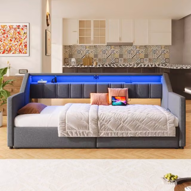 Letto Mivray estraibile con letto aggiuntivo, 2 cassetti, porte USB e Type-C, luci LED e mensole integrate, colore grigio, L/P/H: 90 x 200 x 226 cm estensibile a 180 x 200 cm – 1