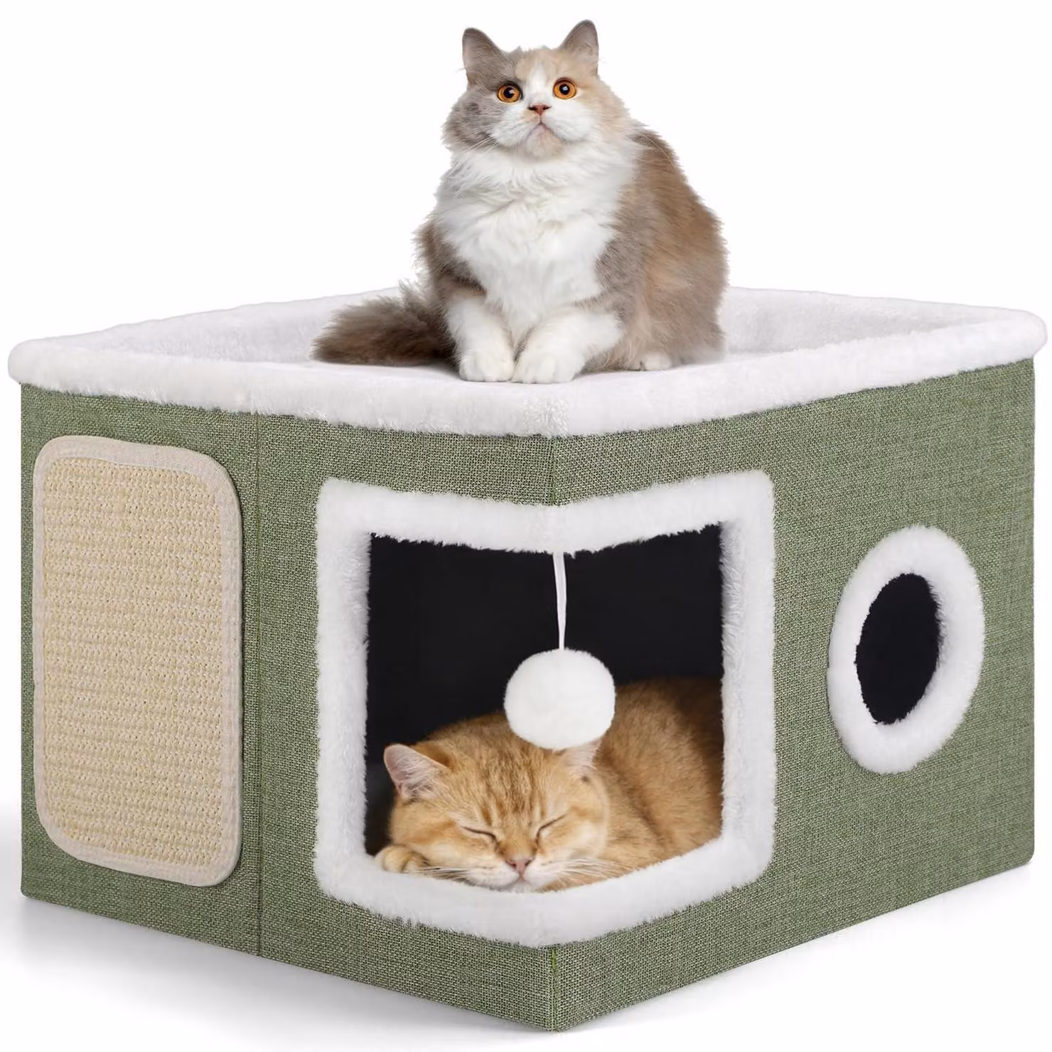 Cuccia pieghevole per gatti, verde, a due piani, dimensioni 43x43x32 cm, con tiragraffi e pallina giocattolo