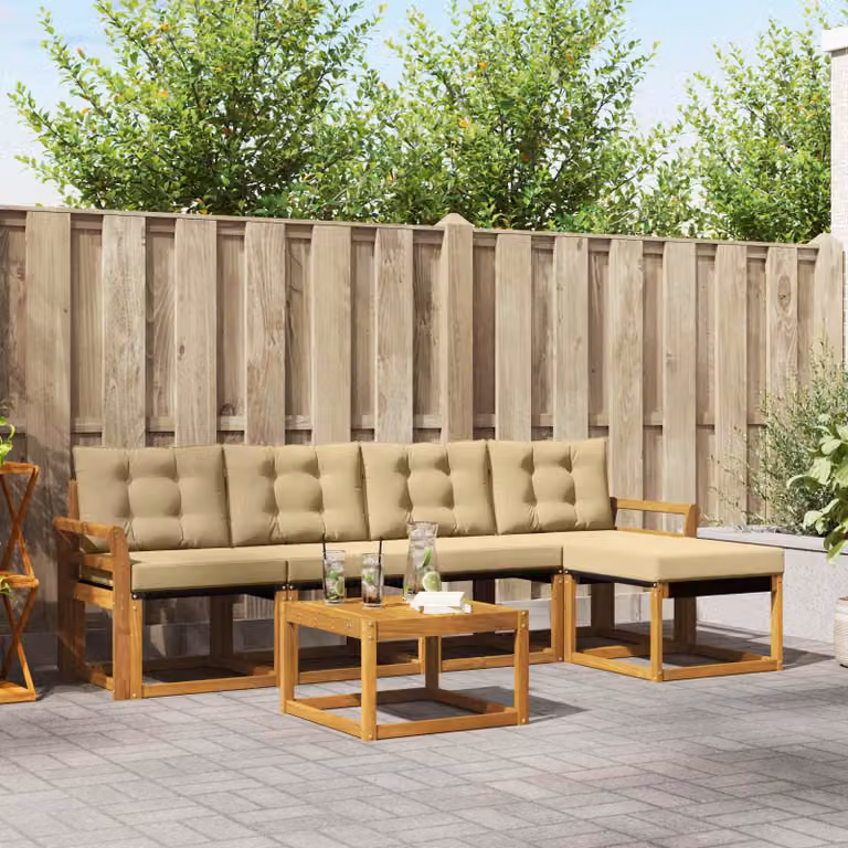 Set di divani da esterno vidaXL 6 pz in legno di acacia con tavolino e pouf, colore beige e sabbia