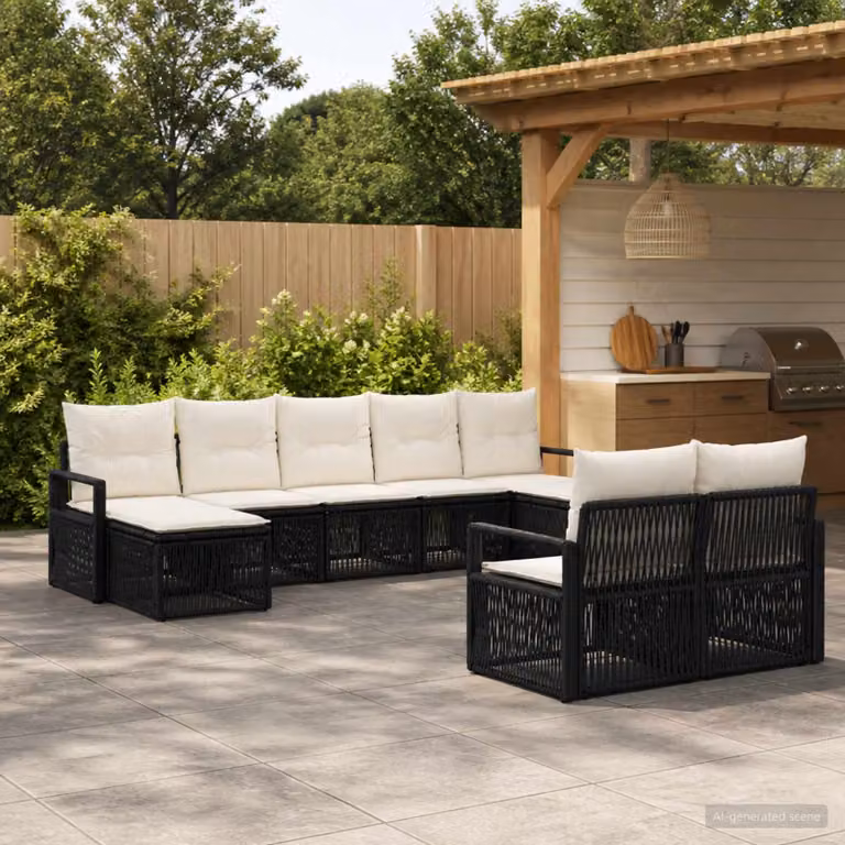 Set Divano da Giardino vidaXL 9 pz Nero con Cuscini e Struttura in Metallo e Polyrattan a Forma a U