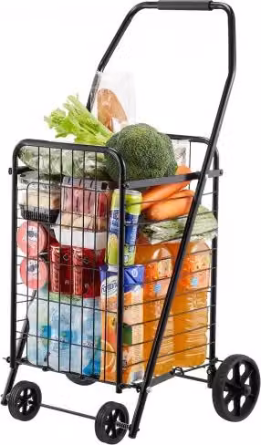 Carrello della spesa pieghevole VEVOR nero con ruote girevoli, capacità 39 L e carico massimo 41 kg, L 48 cm x P 41 cm x H 85,7 cm