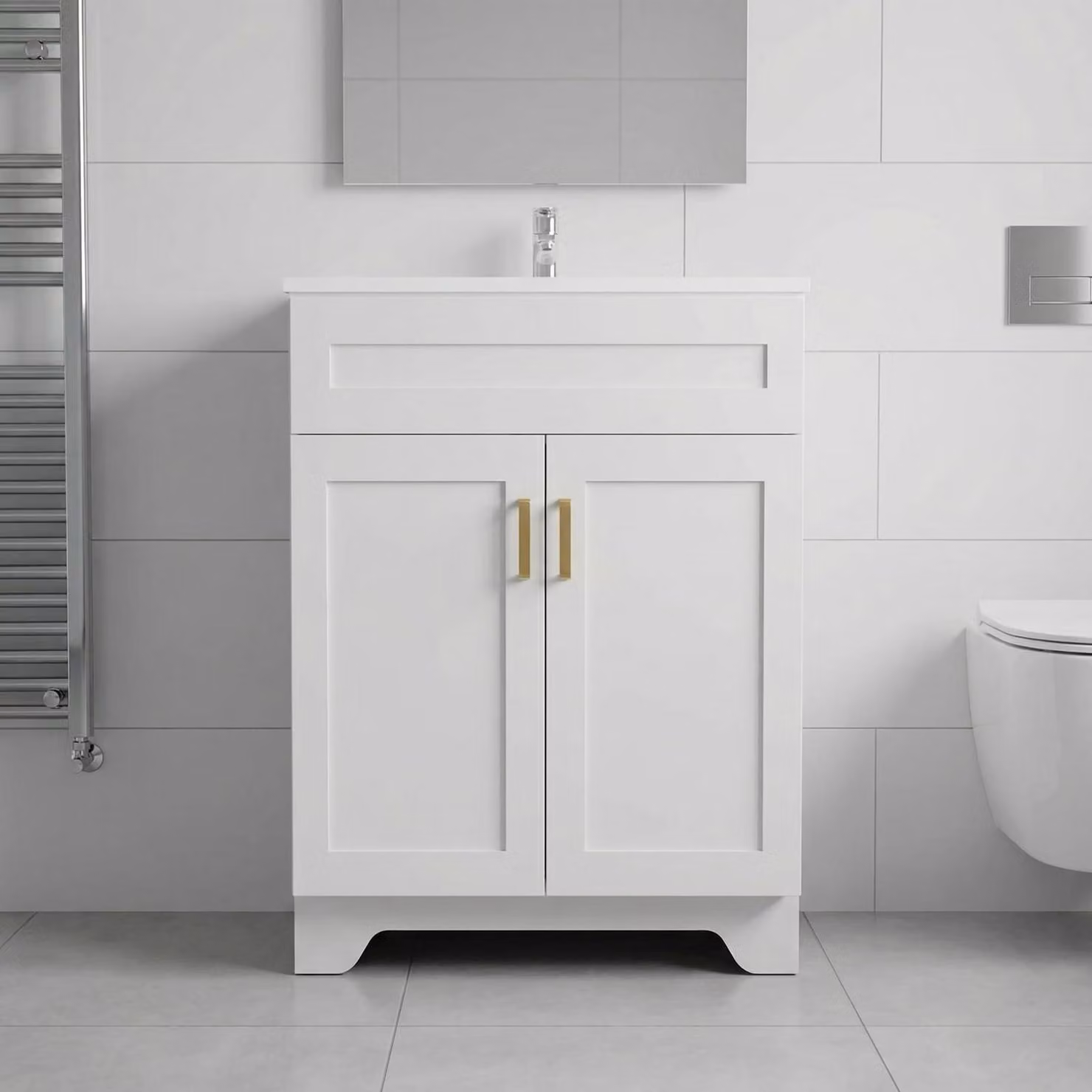 Lavabo con mobile sottolavabo da 60 cm, colore bianco, in Vetroceramica, con ante a chiusura ammortizzata