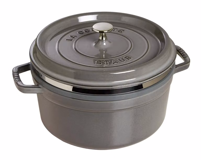 Casseruola tonda in ghisa per induzione colore grigio con maniglie, coperchio e cestello vapore, diam. 26cm