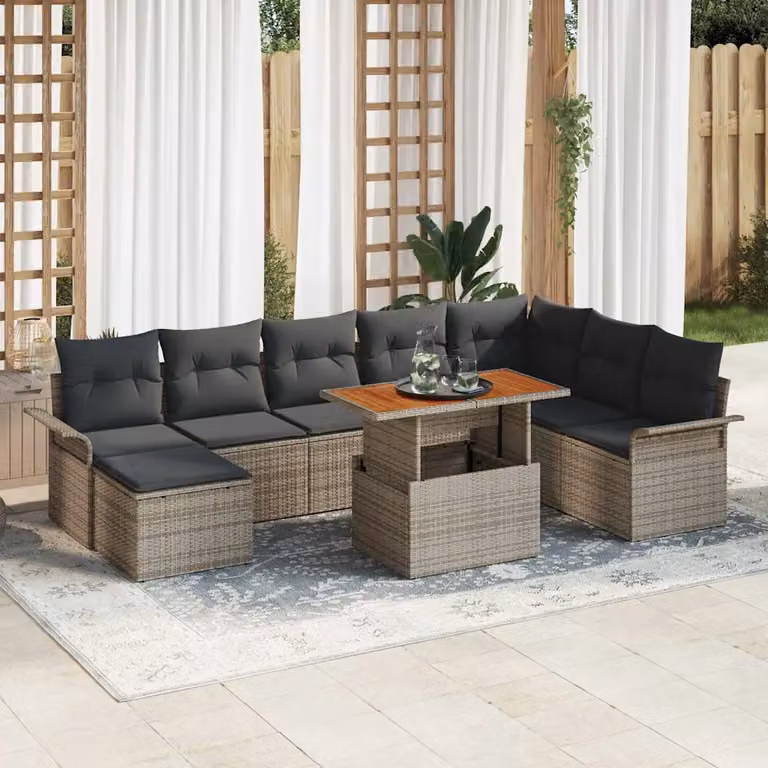 Set Divano da Giardino Moderno vidaXL 9 Pezzi Grigio con Cuscini e Tavolino in Rattan e Metallo