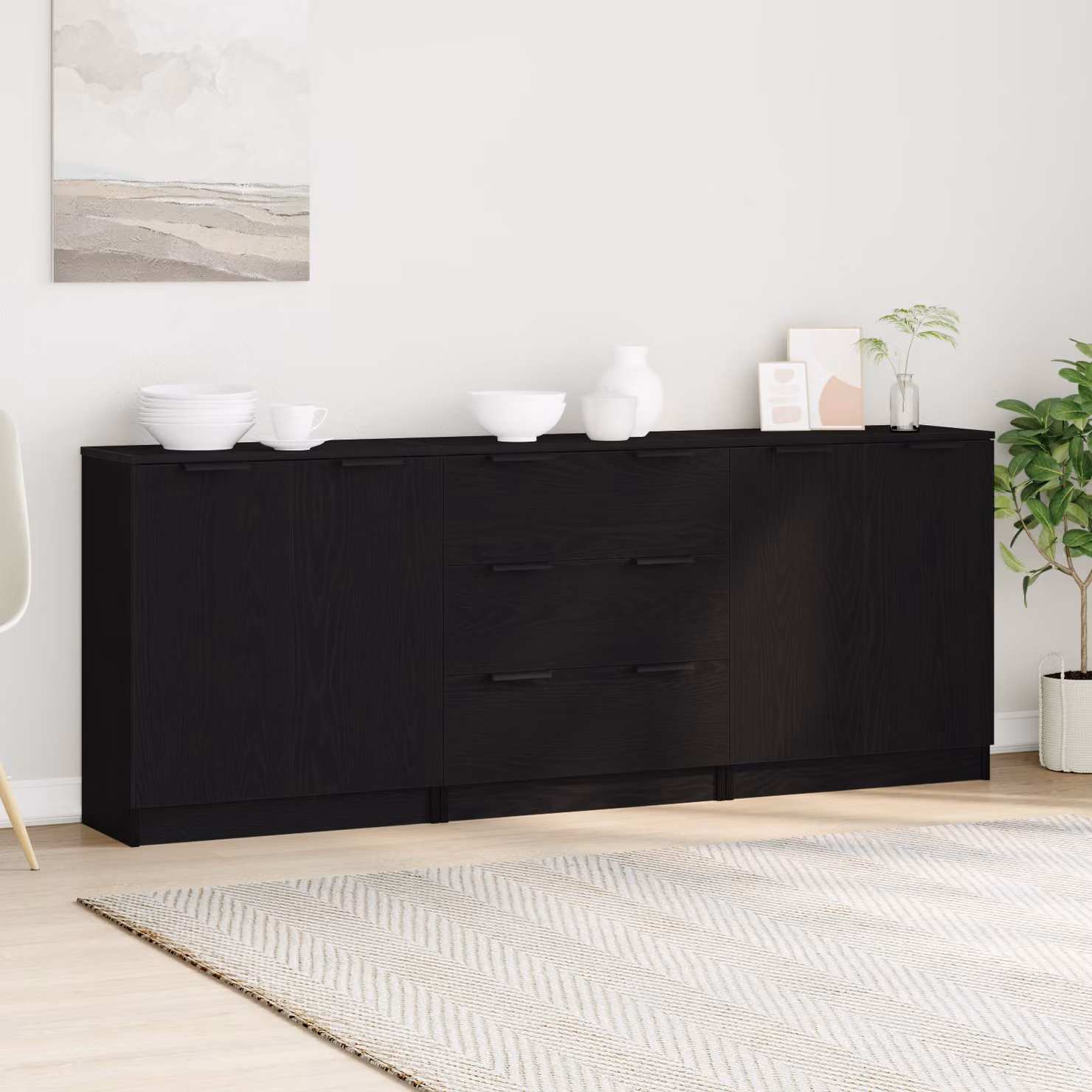 Credenza moderna vidaXL in 3 pezzi, colore nero, in legno ingegnerizzato MDF, L 180 x P 30 x H 70 cm