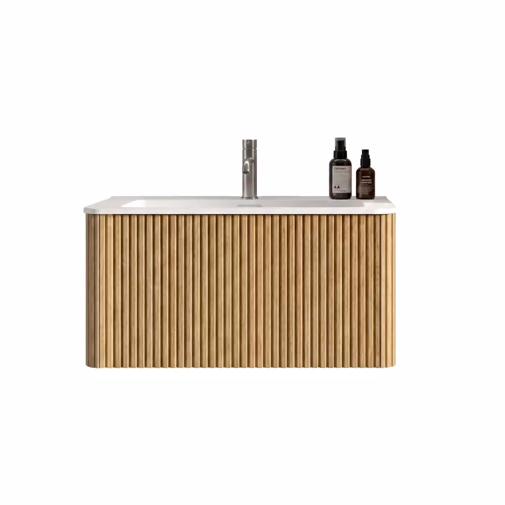 Mobile bagno moderno in rovere con lavabo e cassetti push to open, design scanalato e finitura opaca, colore marrone, L: 80.0 cm, P: 47.0 cm, H: 93.5 cm – 2