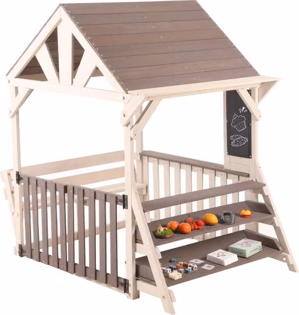 Cucina da esterno per bambini a forma di casetta con tetto antipioggia e scaffale in legno; grigio e beige