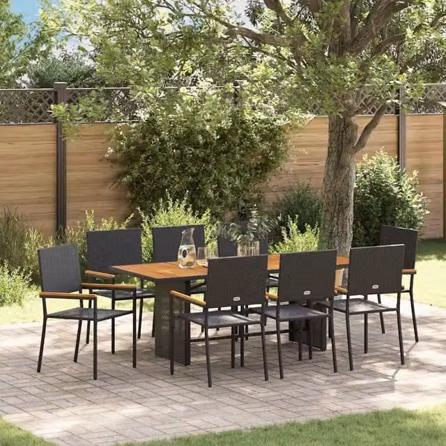 Set da Pranzo per Giardino 9 pz Nero polyrattan 3365432
