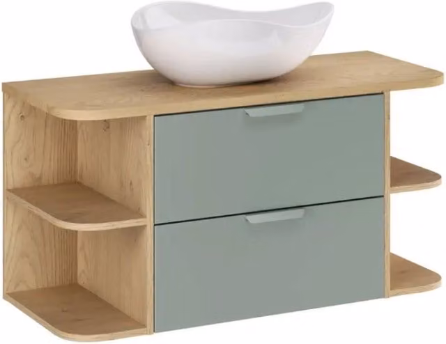 Insieme OSTER 100cm : mobile sottolavabo con cassetti verde salvia e nicchie a vista + piano per lavabo + lavabo da appoggio bianco