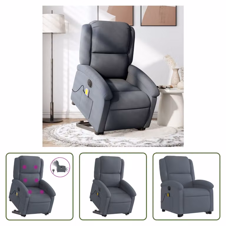The Living Store Sedia massaggiante con supporto in piedi elettrica in velluto grigio scuro