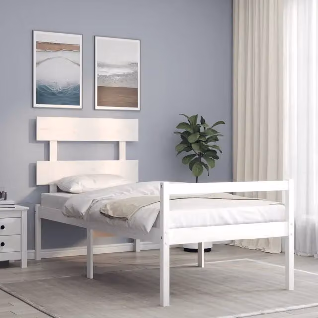 Letto Single per Anziani Design Mania in Legno di Pino Bianco con Testiera e Doghe Fisse L/P/H: 90 x 190 x 95,5 cm – 1