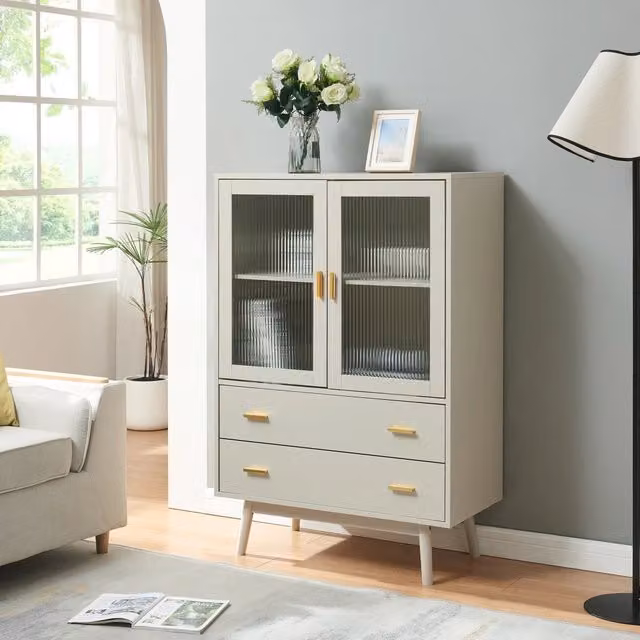 Credenza Susa en.casa con vetrina in vetro e 2 cassetti, colore beige, L: 120 cm, P: 40 cm, H: 80 cm