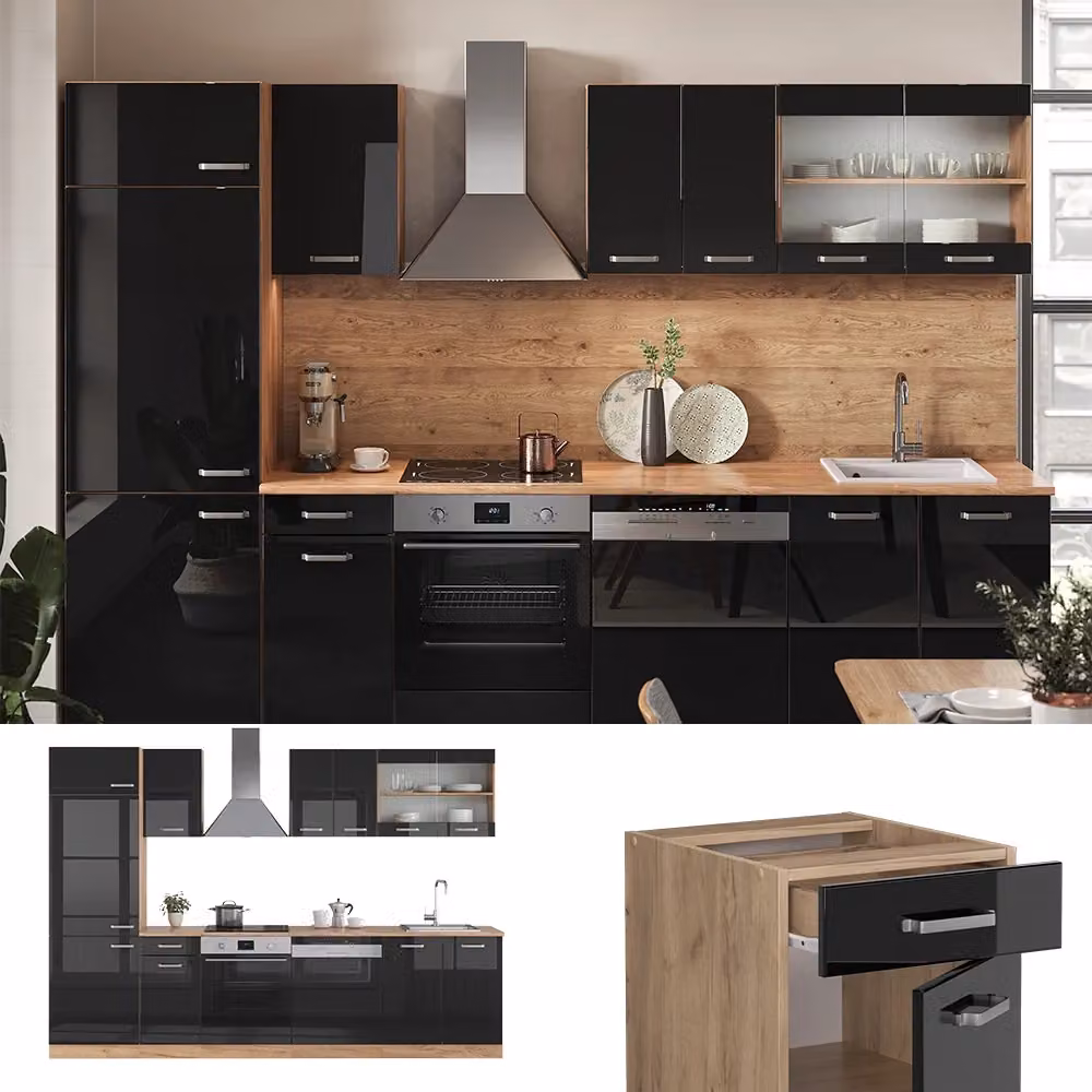 Cucina componibile moderna R-Line Vicco in nero lucido e rovere dorato, larghezza: 300 cm – 2
