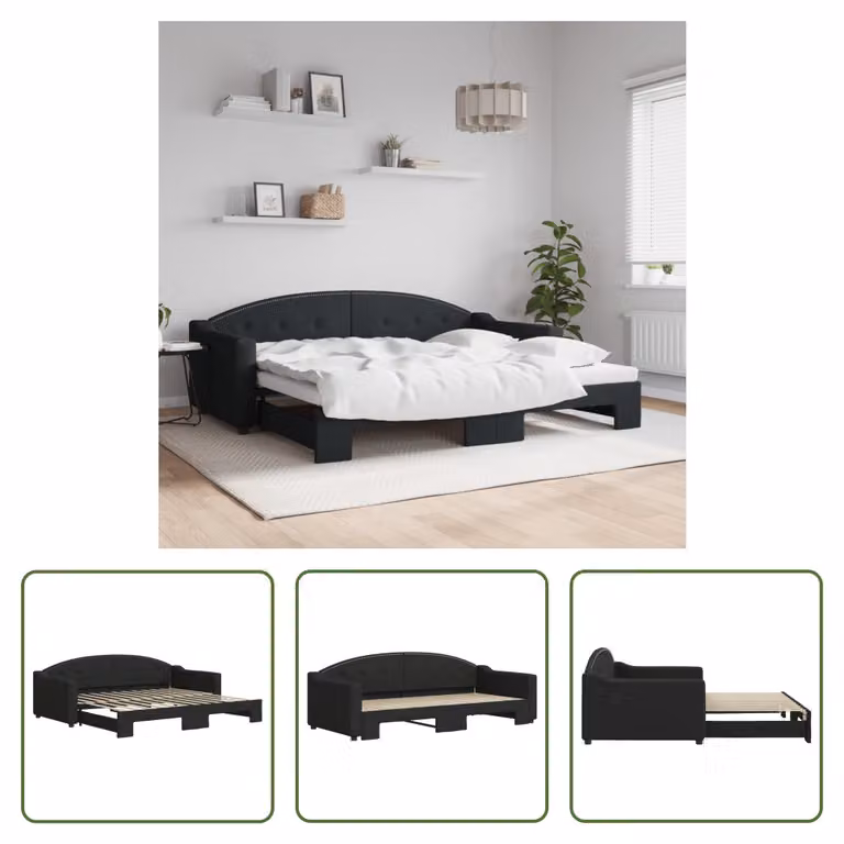 The Living Store letto da giorno allungabile nero 90x200 cm in tessuto