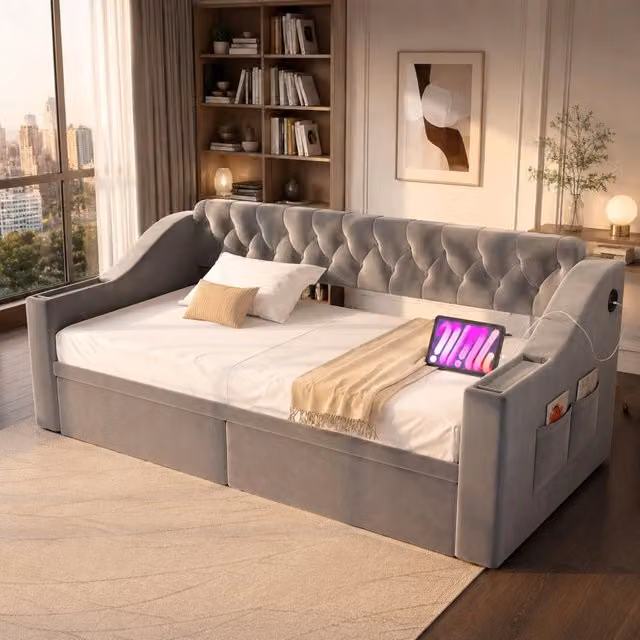 Divano letto imbottito 90x190 cm in velluto grigio chiaro; con 2 cassetti e porte USB/Type-C