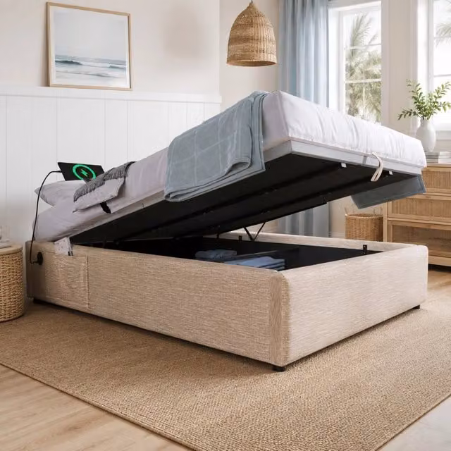 Letto matrimoniale contenitore 160x200 cm con USB-C; struttura in metallo e legno massello; beige