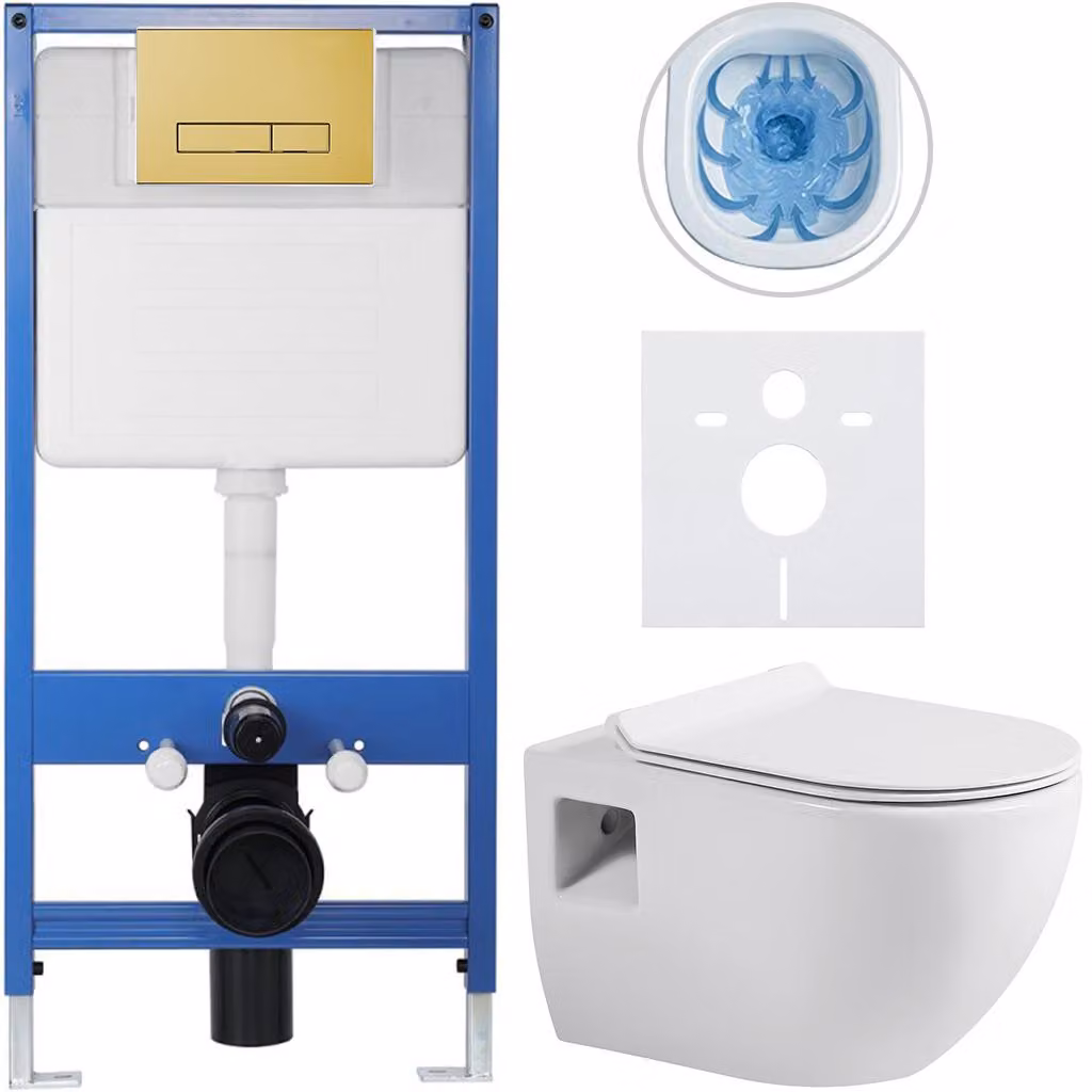 Set completo per WC sospeso Lite/Dure - bianco lucido - pulsante per WC Slim, dorato - installazione a muro/con pannello di cartongesso - 51x35 cm