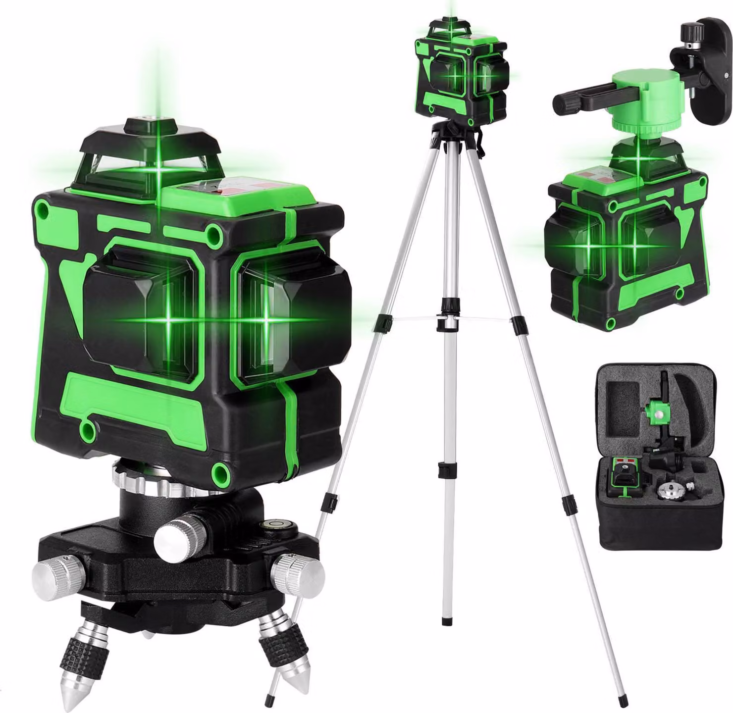 set di livellamento laser 3D a 12 linee, dispositivo di livellamento, treppiede, supporto a parete, piastra di ferro, adattatore di rete, borsa, 1 batteria e 1 caricabatterie, 220V