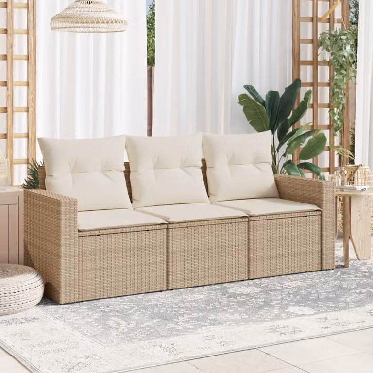 Set Divano da Giardino vidaXL 3 pz con Cuscini Beige e Struttura in Acciaio e Polyrattan