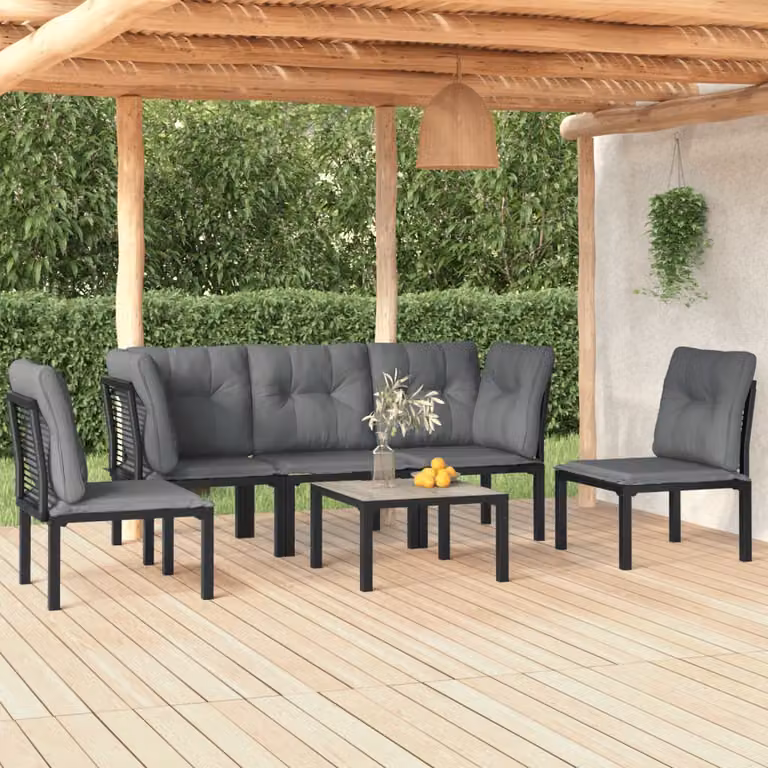 Set Salotto da Giardino vidaXL 6 pz a Forma a L in Polyrattan Nero e Grigio con Cuscini e Tavolino da Caffè