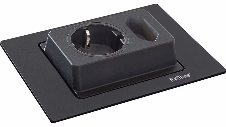 Presa EVOline Spin, presa Schuko, presa Euro, presa da incasso, orientabile a 180° per un utilizzo flessibile, plastica nera opaca, profondità di incasso ridotta