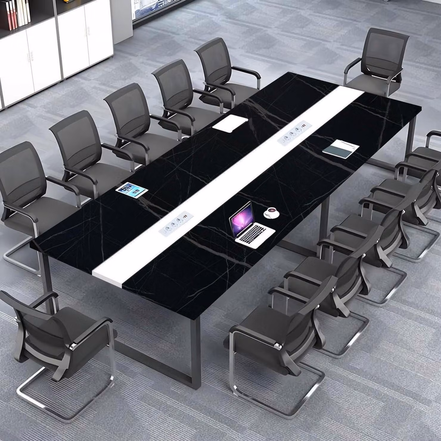 Tavolo da conferenza con sistema di gestione dei cavi, dimensioni 240x120x74 cm, design moderno, ideale per l'ufficio