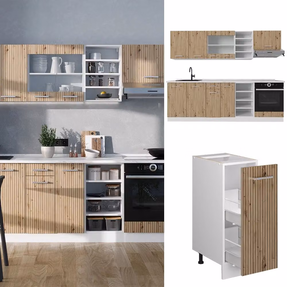 Cucina componibile moderna R-Line Vicco in rovere e bianco con ante in vetro e illuminazione integrata L: 240 cm – 2