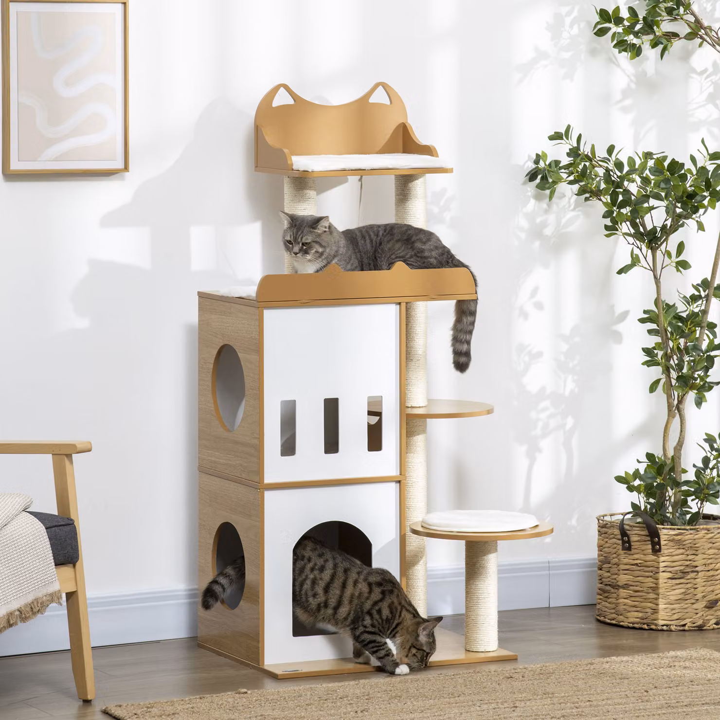 Albero per gatti PawHut in MDF con 2 casette, tiragraffi in sisal, posatoi e pallina da gioco, Bianco e Rovere, H 133 x L 60 x P 48 cm – 2