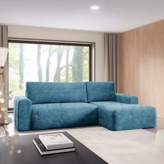 Divano Letto Folgarida DMORA con Penisola Contenitore, L Shape, Blu Petrolio, L: 268 cm, P: 163 cm