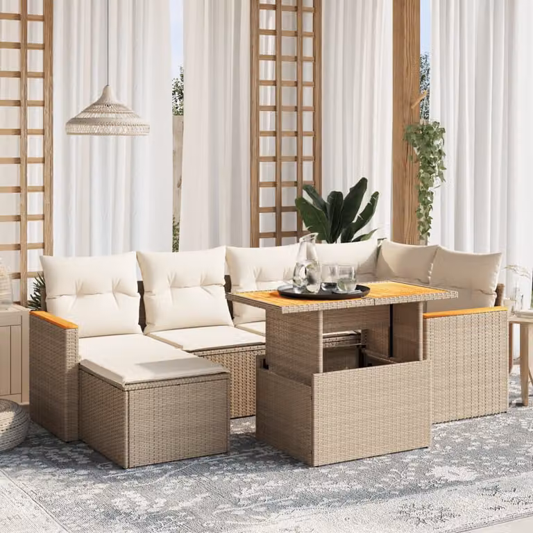 vidaXL Set Divani da Giardino 7 pz a Forma a L in Polyrattan con Cuscini Beige e Tavolino da Esterno
