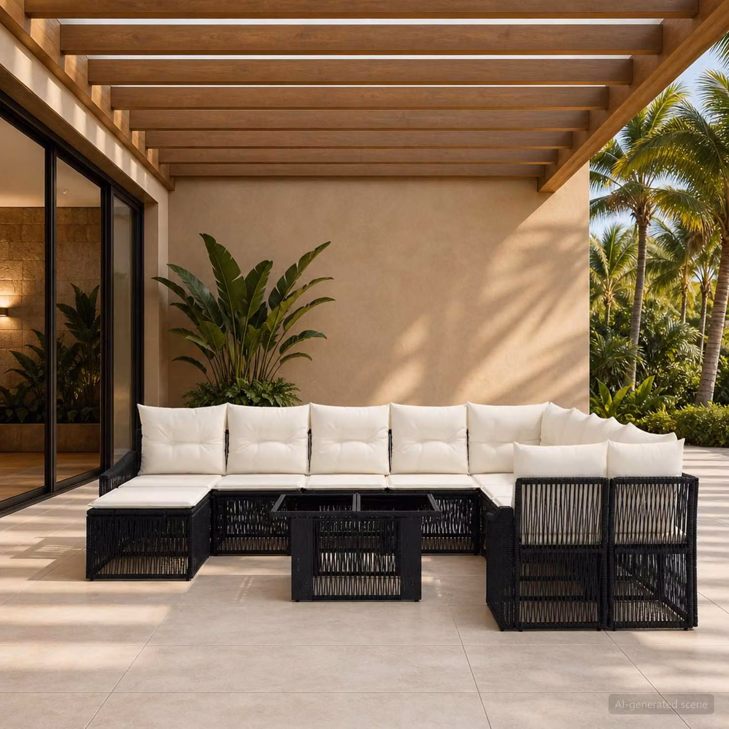 Set Divano da Giardino vidaXL 12 Pezzi a Forma di U in Polyrattan con Cuscini, Tavolino e Pouf, Nero e Bianco Crema