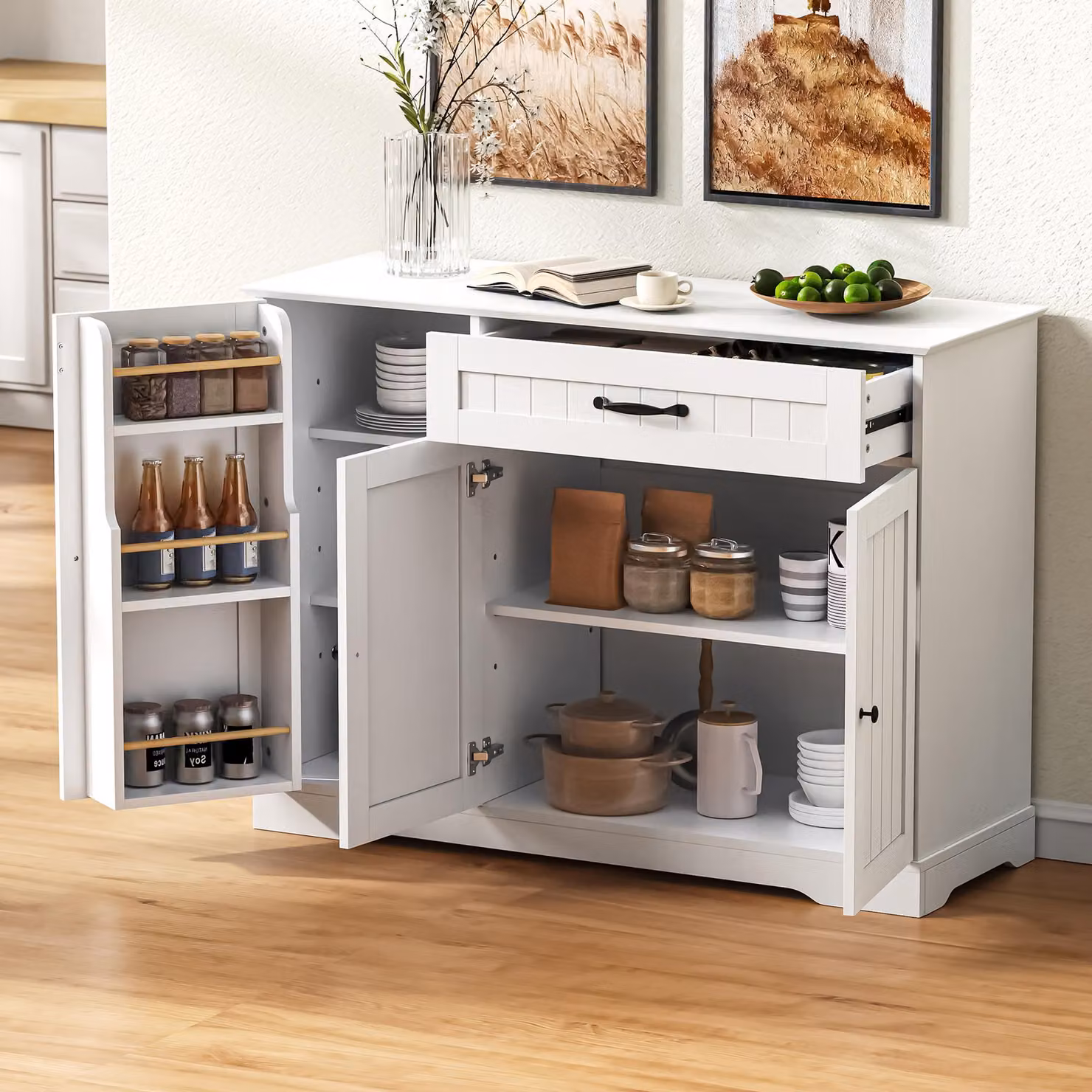 Cassettiera Merax, con 3 ante, 1 cassetto, mobile buffet moderno per sala da pranzo, soggiorno, 107 cm (B）) Cassettiera, bianco