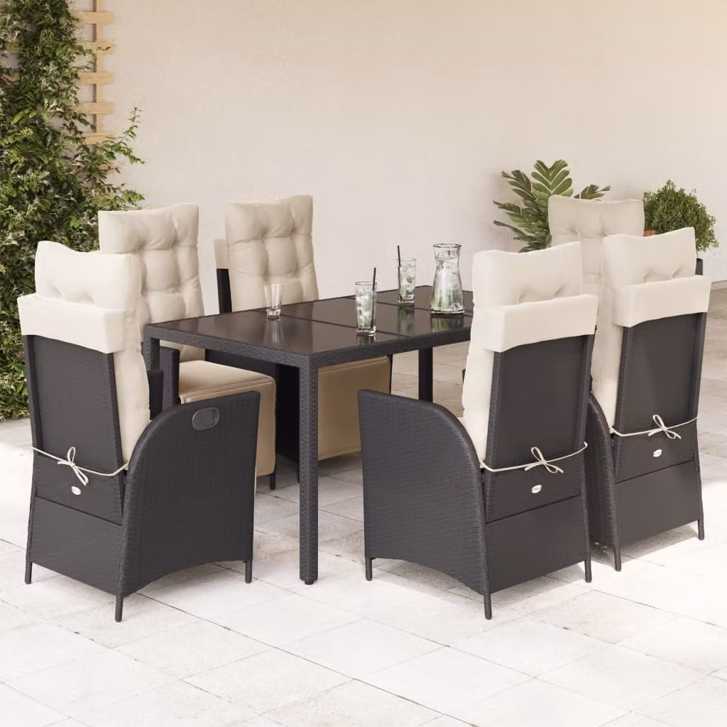 vidaXL Set da Pranzo da Giardino 7 pz in Polyrattan Nero con Cuscini e Tavolo in Vetro – 1