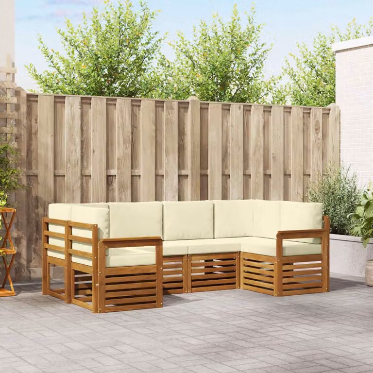 Set di divani da esterno vidaXL a forma di L in legno di acacia con cuscini, 6 pezzi, beige e marrone