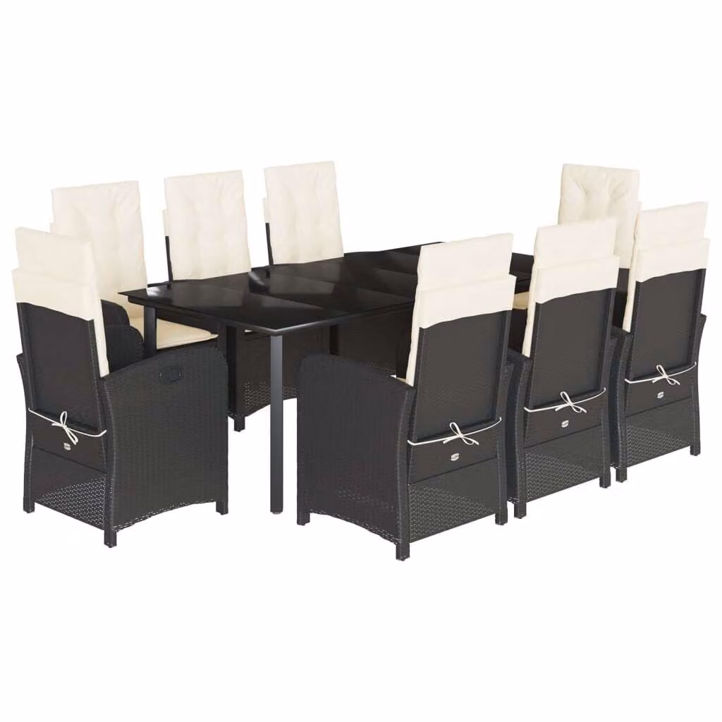 Set da Pranzo da Giardino 9 pz con Cuscini Nero in Polyrattan