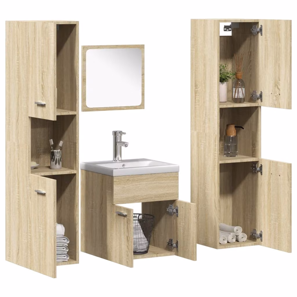 Set di mobili da bagno moderno vidaXL in legno e vetro, bianco e marrone, con mobile lavabo e pensile a muro